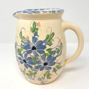 East Texas Pottery Blue Floral Hand Painted Ceramic Pitcher Marshall Texas 7.5in